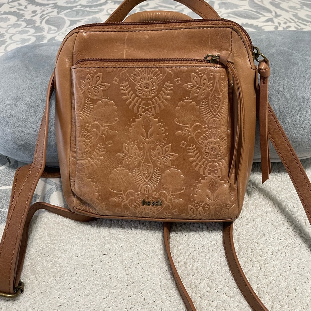 Embossed Tan Leather Crossbody Bag